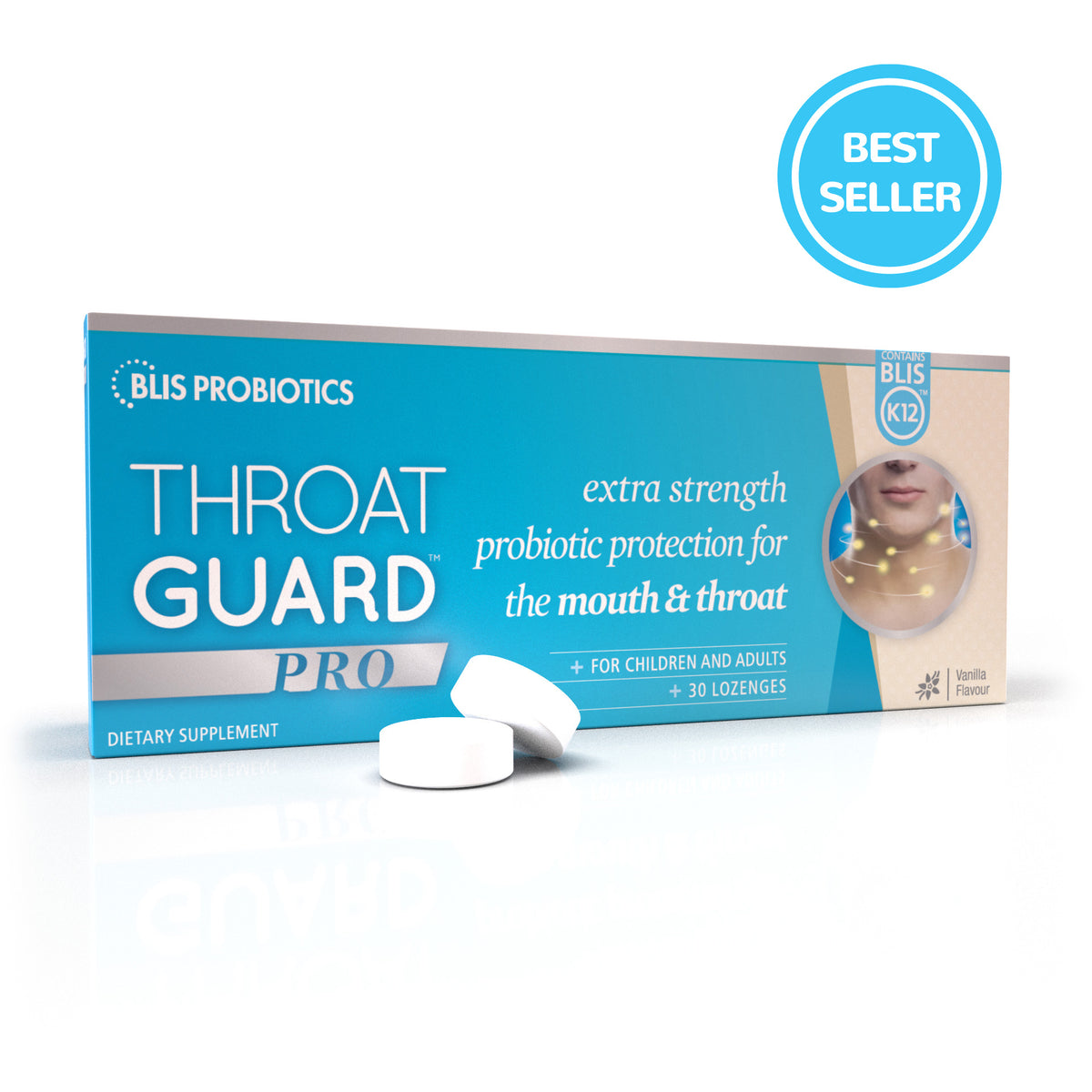 Image of Throat Guard Pro box and lozenges - extra strength probiotic protection for mouth & throat health. | Blis Probiotics