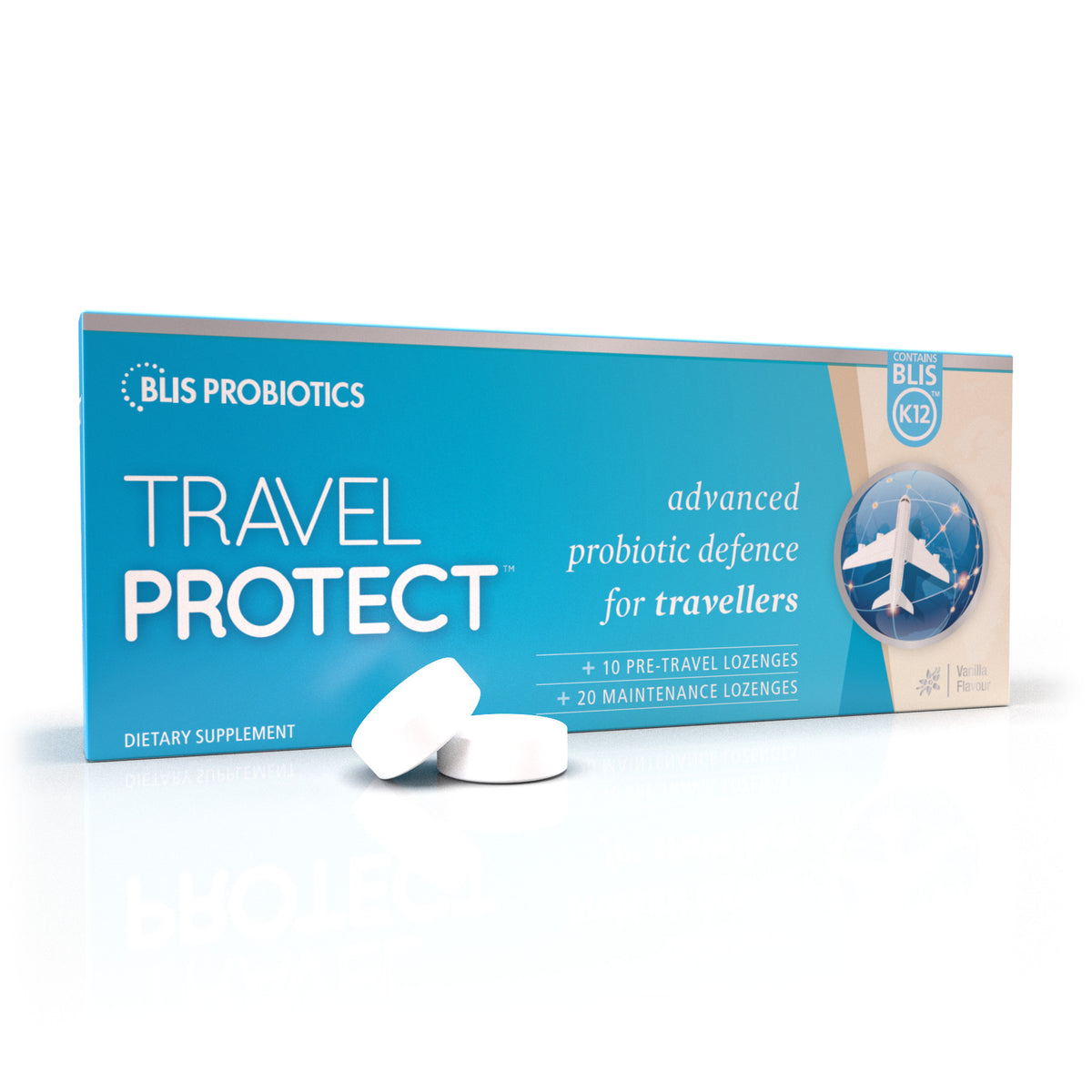 Image of Blis Probiotics Travel Protect box and lozenges - advanced probiotic defence for travellers. | Blis Probiotics